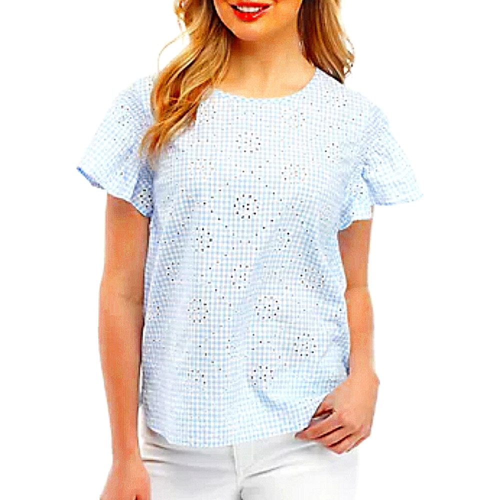 NEW! Crown & Ivy blue gingham eyelet top